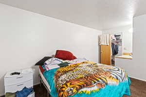 Bedroom with a textured ceiling, a spacious closet, and dark carpet
