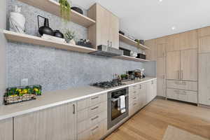 Kitchen with light wood finish cabinetry, open shelves, modern cabinets, stainless steel appliances, and extractor fan