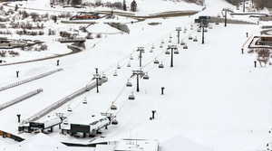 View of snowy aerial view of the lifts