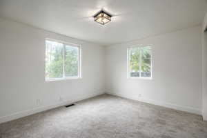 Carpeted spare room featuring baseboards and a textured ceiling