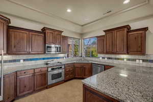 Kitchen with decorative backsplash, stainless steel appliances, a tray ceiling, light stone counters, and recessed lighting