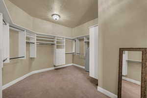 Walk in closet featuring light colored carpet