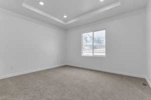 Empty room featuring carpet flooring, a raised ceiling, and recessed lighting