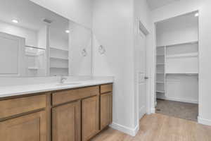 Full bath with a walk in closet, light wood-style floors, a shower, vanity, and recessed lighting