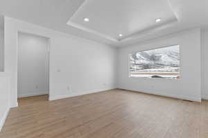 Spare room with recessed lighting, a raised ceiling, and light wood finished floors