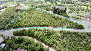 Aerial view of property's location featuring property boundaries highlighted and a tree filled landscape