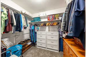 Walk in closet featuring dark carpet