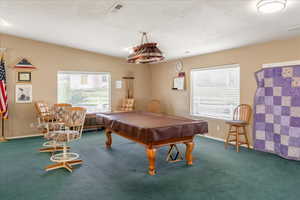 Rec room featuring billiards table and carpet floors