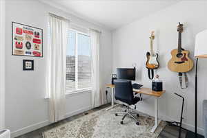 Office featuring wood finished floors and baseboards