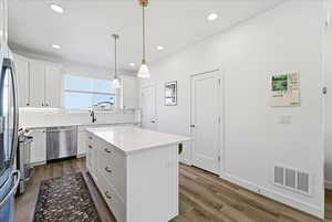 Kitchen featuring white cabinets, dark wood-style flooring, a kitchen island, and stainless steel appliances