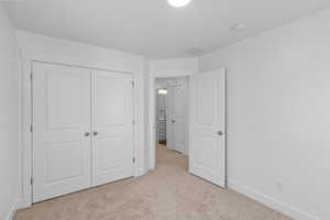 Unfurnished bedroom featuring light colored carpet and a closet
