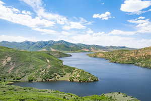Aerial view of a water and mountain view