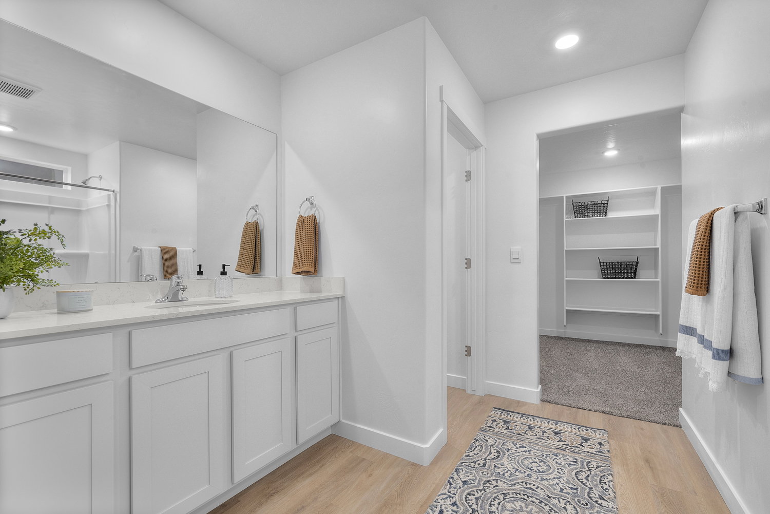Bathroom featuring recessed lighting, vanity, light wood-style flooring, and a spacious closet