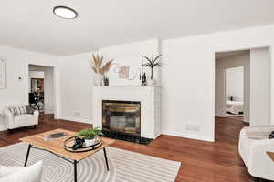 Living room with dark wood-style flooring and a fireplace