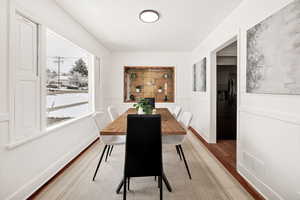 Dining area with wood flooring