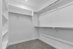 Walk in closet with dark carpet