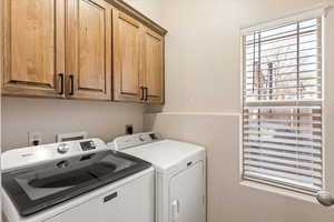 Laundry room with separate washer and dryer and cabinet space
