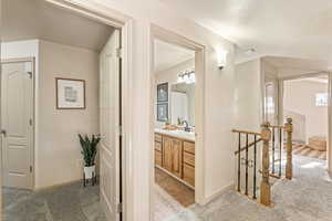 Bathroom with light carpet and vanity