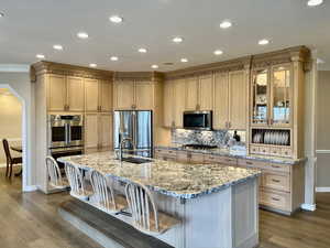 Gourmet Kitchen featuring double ovens, stone counters, recessed lighting, and stainless steel appliances
