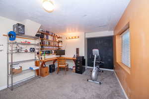 Office space with light colored carpet and a textured ceiling