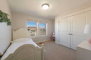 Bedroom with light colored carpet and a closet