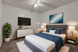 Bedroom featuring dark carpet and ceiling fan