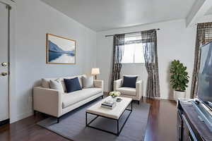 Living area with dark wood-type flooring and baseboards