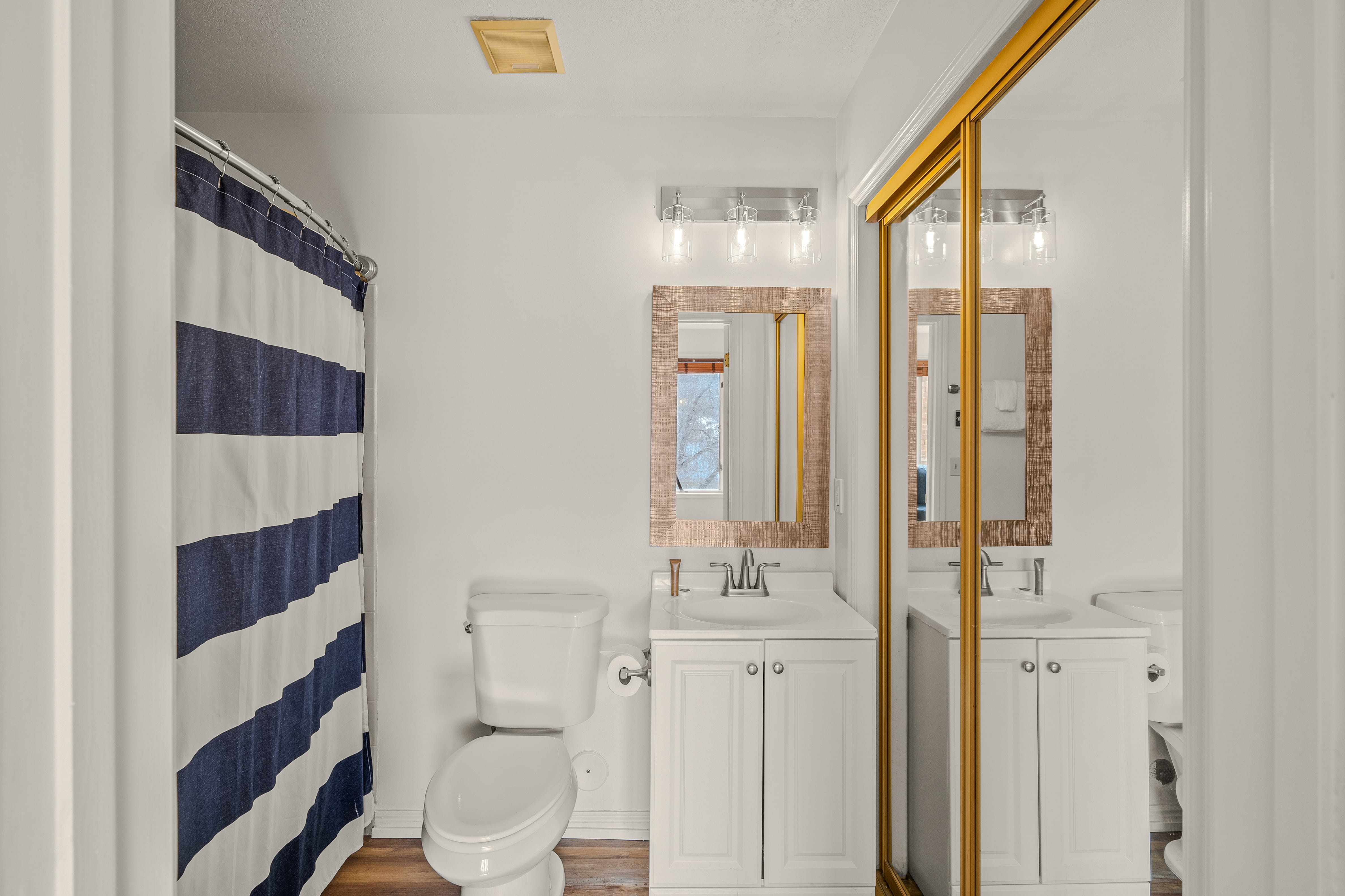 Full bath featuring vanity, a shower with curtain, and wood finished floors