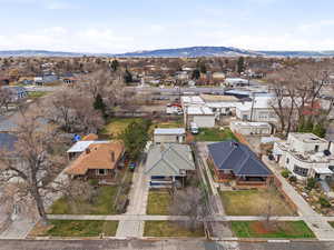 Aerial perspective of suburban area with mountains