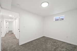 Basement featuring dark carpet