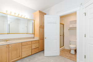Full bath featuring a stall shower, vanity, and light carpet