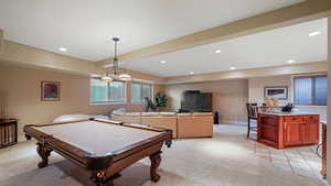 Playroom featuring billiards table, light carpet, and recessed lighting