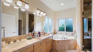 Bathroom featuring a shower stall, double vanity, and a bath
