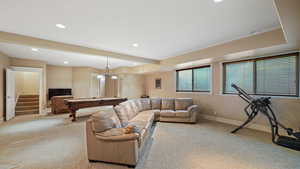 Living area with billiards, carpet flooring, recessed lighting, and beamed ceiling