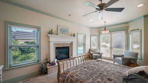 Carpeted bedroom featuring access to exterior, ornamental molding, ceiling fan, multiple windows, and a fireplace