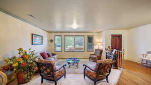 Living area with a textured ceiling and light wood-style flooring