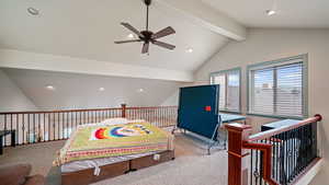 Bedroom featuring beamed ceiling, carpet flooring, a ceiling fan, and recessed lighting
