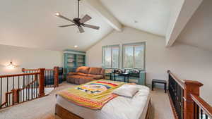 Bedroom with ceiling fan, beam ceiling, carpet floors, and recessed lighting