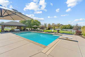 View of pool featuring patio surround, a diving board, a gazebo, and an outdoor lounge area