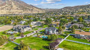 Aerial view of residential area with mountains