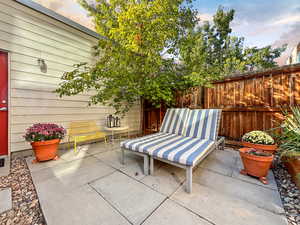 Patio terrace at dusk featuring a patio area and a fenced backyard