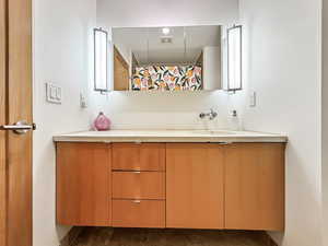 Full bath featuring vanity and curtained shower