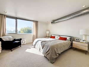 Carpeted bedroom featuring recessed lighting