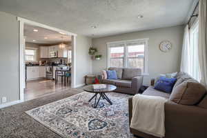 Living area with recessed lighting, light colored carpet, and a textured ceiling