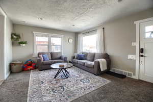 Carpeted living room featuring a textured ceiling