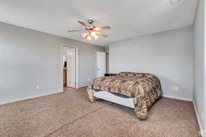 Carpeted bedroom featuring ceiling fan and ensuite bathroom