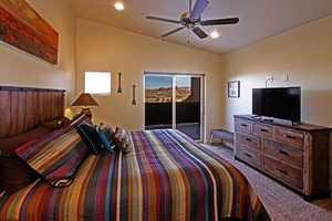Carpeted bedroom with access to outside, ceiling fan, and recessed lighting
