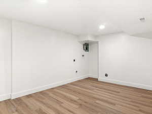Utility/Storage Room featuring light wood finished floors, recessed lighting, and electric panel