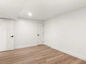 Utility/Storage Room with light wood-type flooring and recessed lighting