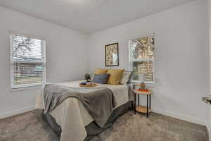Carpeted bedroom with baseboards